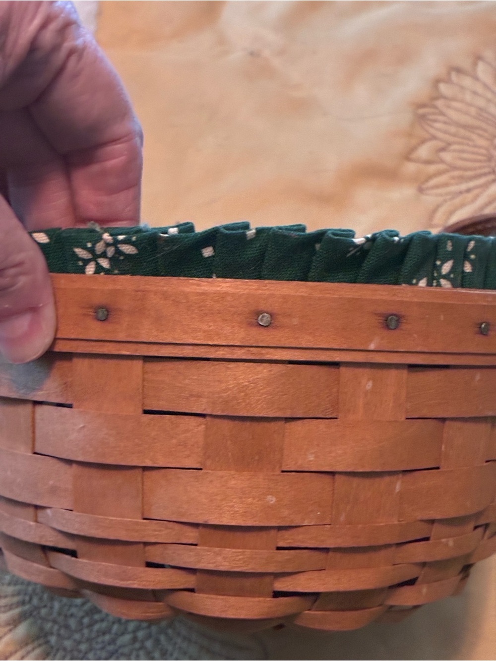 Longaberger Vintage Brown Woven Basket with Green Floral Liner